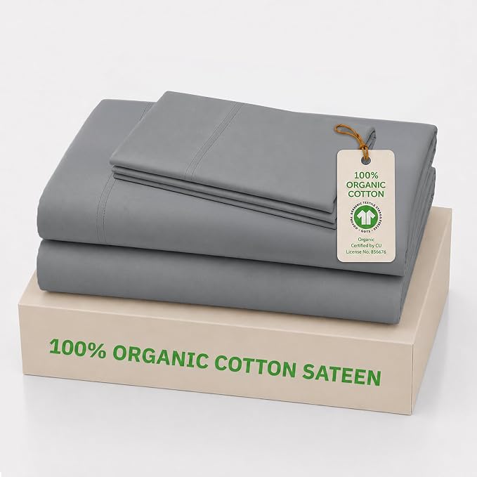 California Design Den 100% Organic Cotton Sheets Twin Size Bed Set - Soft and Lightweight Sateen, Deep Pocket Twin Sheets, Durable Bedding - Grey