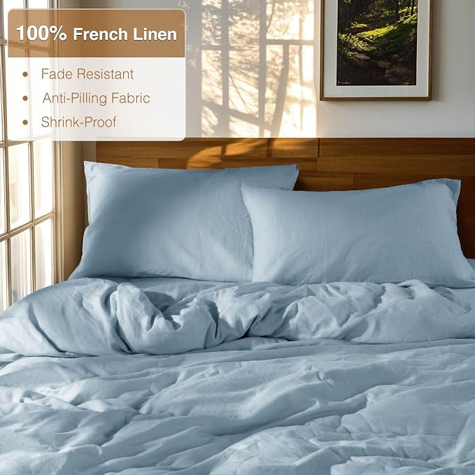 SONORO KATE 100% French Linen Duvet Cover Queen Size, Soft Breathable for Hot Sleepers, Moisture Wicking & Durable Cover Set - Zipper Closure & 4 Corner Ties Duvet Covers 3 Piece (Dusty Blue,Queen)