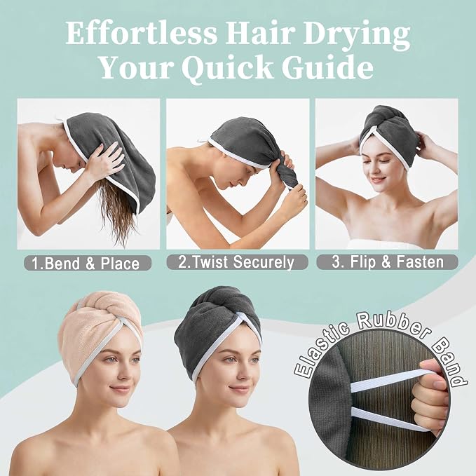 VOOVA & MOVAS Gray & Pink Microfiber Hair Towel, 2-Pack Non-Button Elastic Loop Hair Turban, Velvety Soft Anti Frizz Hair Wrap, High Water Absorption Cut Blow-Dry Time