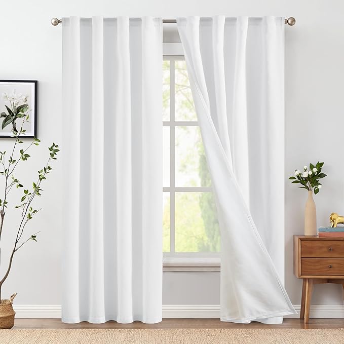 jinchan White Linen Curtains with Privacy Lining 84 inch Lined Curtains for Closet Door Small Window Living Room Bathroom Neutral Farmhouse Cottage Core Light Filtering Rod Pocket Back Tab 2 Panels