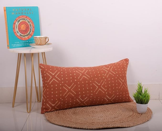 Trade Star Handwoven Oblong Pillow Cover Decorative Throw Pillow Case Mudcloth Modern Geometric Pillow Cover Luxurious Couch Cushion Cover for Room Decor (Rust NOVA 12X24 INCHES)