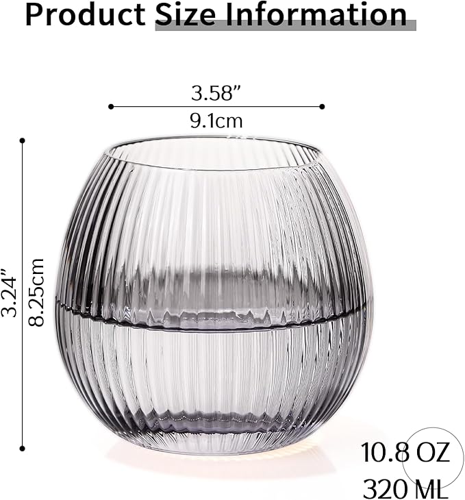 JOVGANK Grey Ribbed Drinking Glasses Set of 6-10.8 OZ Stemless Wine Champagne Whiskey Cocktail Glass, Reusable Wine Cups for Home Party Wedding Bar