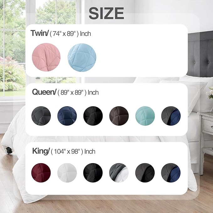Twin/Queen/King Down Alternative Comforter, 2100 Series All-Season Duvet Insert with Corner Tabs, Box-Stitch, Soft Microfiber, Machine Washable