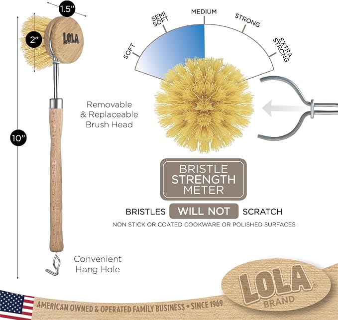 LOLA -The Original - Tampico Vegetable & Dish Brush, 2 Pack, Sustainable Wood Ergonomic Handle w/Tampico Fiber Bristles