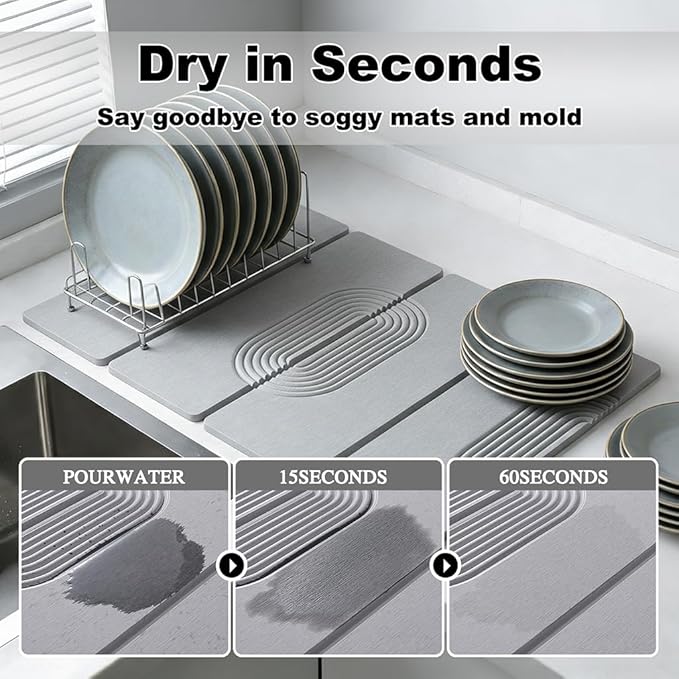 23.6"×15.7" Diatomaceous Earth Stone Dish Drying Mat, Foldable Super Absorbent Quick Dry Non-Slip Eco-Friendly Pad for Kitchen Counter, Dishes, Cups, Bottles & Utensils, Light Gray
