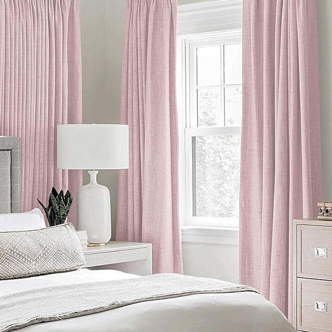 MIULEE Linen Texture Curtains for Bedroom Solid 100% Blackout Thermal Insulated Pink Curtains Grommet Room Darkening Drapes for Living Room Nursery 52x96 Inch (2 Panels)