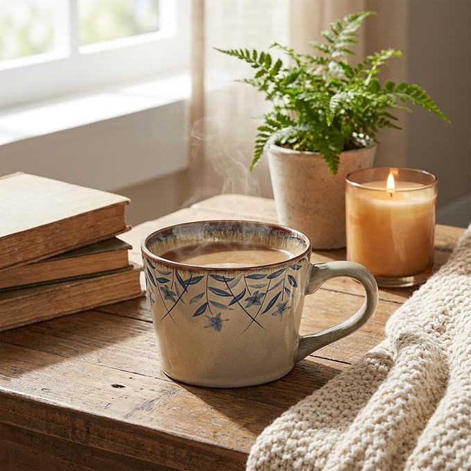 Ceramic Mugs for Men & Women, Unique Microwave & Dishwasher Safe Tea/Coffee Rustic Stoneware Cups for Office & Home (Platycodon flower)