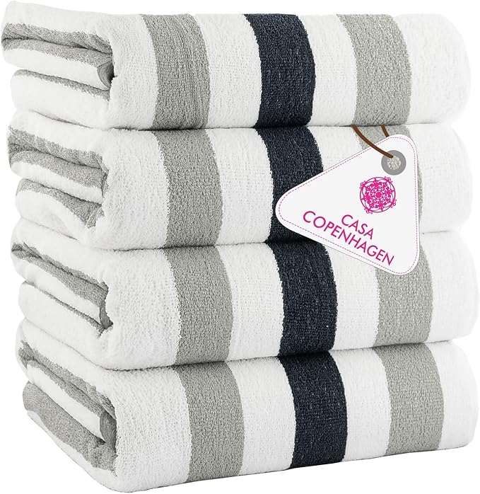 CASA COPENHAGEN Monaco Beach Towels Designed in Denmark Rough and Tough, Quick Dry, for Pool, Bath & Shower 30x60 inches 4 Pieces Cotton Beach Bath Towels Set - Charcoal Grey