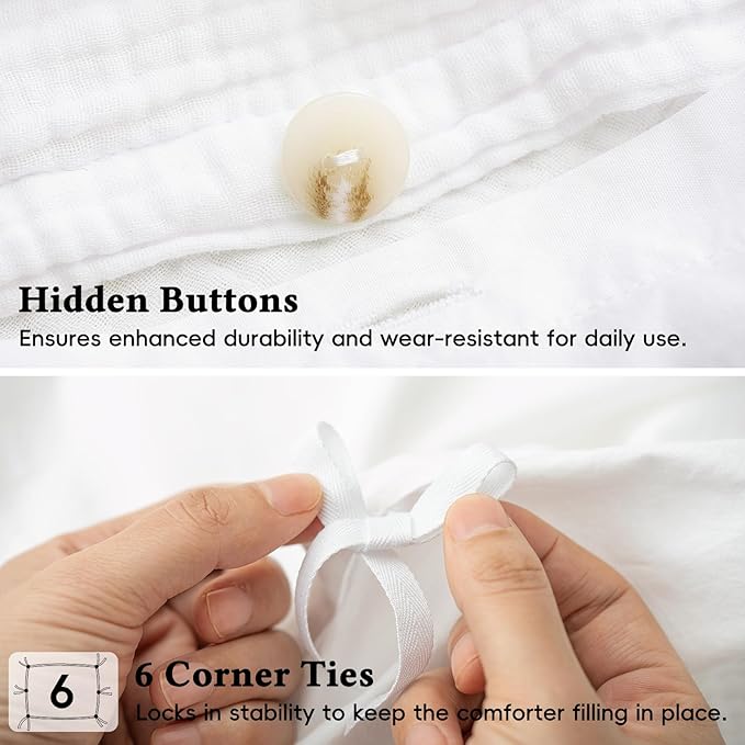David's Home 100% Cotton Muslin Duvet Cover Set Twin Size,2 Pcs Ultra Soft Breathable & Lightweight Gauze Bedding Set with 1 Pillowcase,Textured Home Decor with Button, 68"×90" White,No Insert