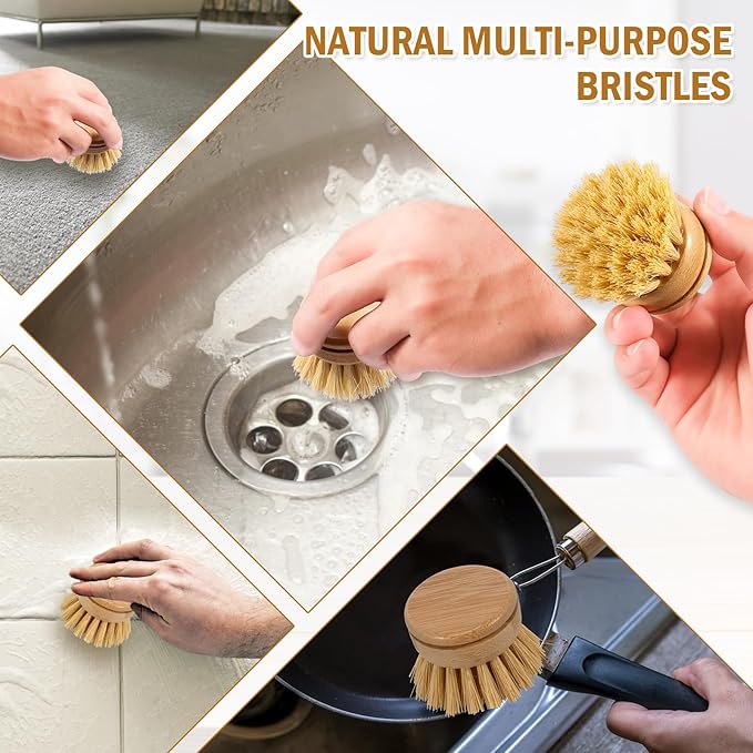 Bamboo Dish Brush - 6 Replacement Heads, Soft Sisal Bristle Scrubber, Brush for Kitchen Cleaning