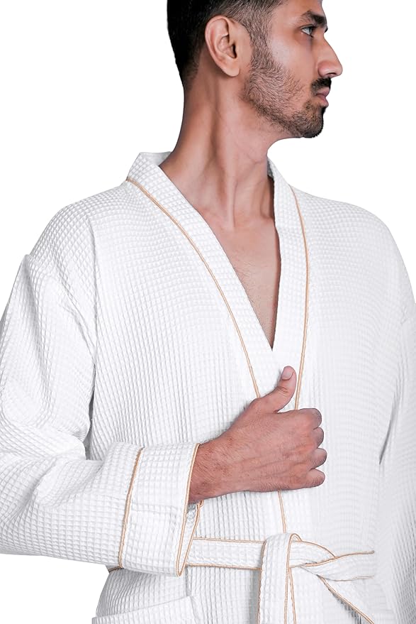 Looperry Unisex White Waffle Bathrobe (1 Piece) Luxurious & Lightweight Shower Robe in Organic Cotton Poly Blend