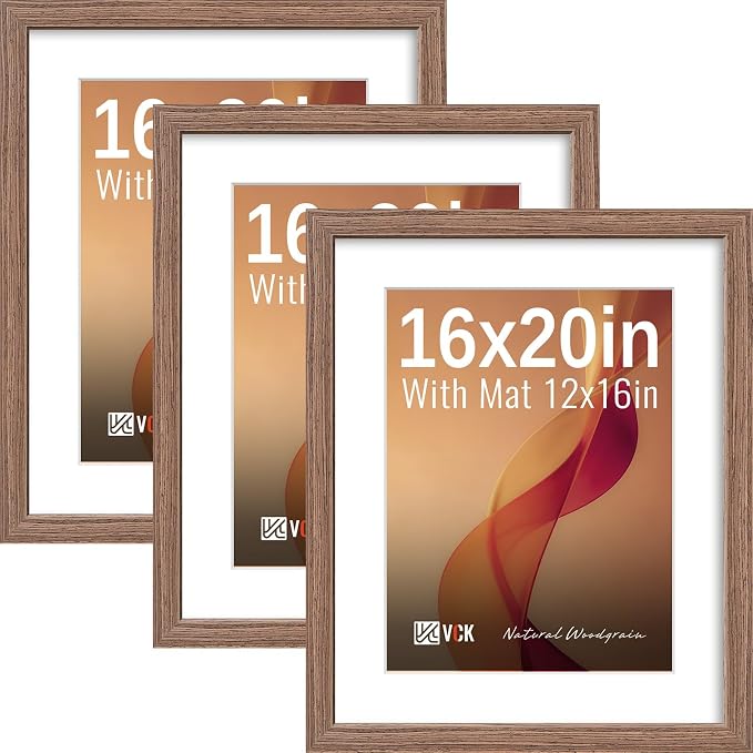 VCK 16x20 Picture Frames Walnut - 3 Pack, Wide Border Solid Wood, Tempered Glass, Display 12x16 Photo with Mat or 16 x 20 Without, for Home, Office, Gallery, Woodgrain Series, Wall Hanging