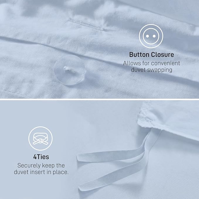 Duvet Cover Set Twin Size, 100% Washed Cotton, Light Weight Breathable Comforter Cover Linen Feel, 2PCs Breathable Bedding Set for All Season, Blue 68"x90"