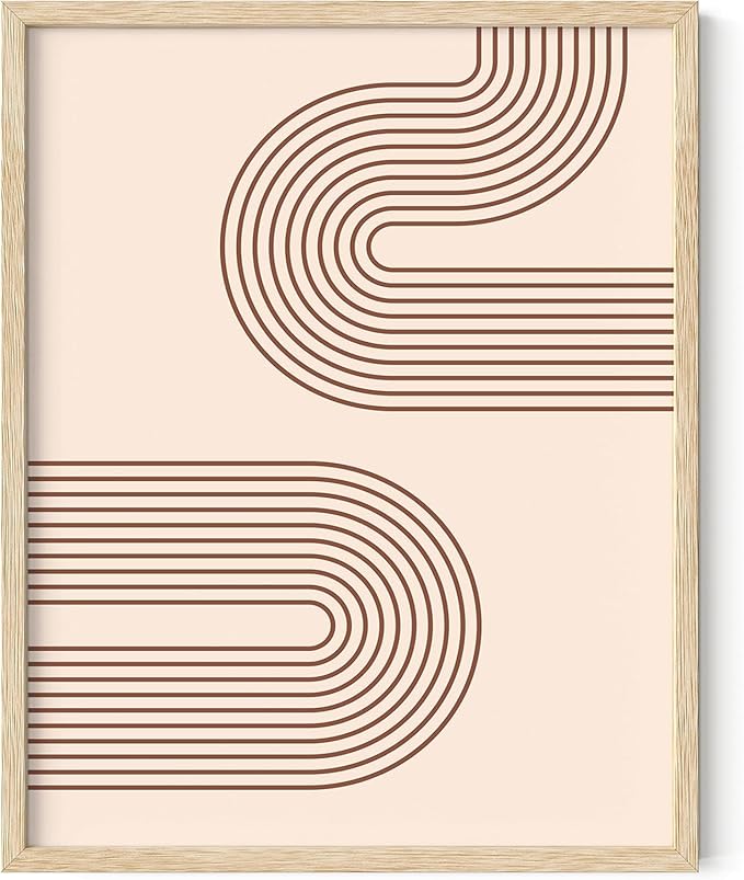 Abstract Double Wavy Arch Wall Art Minimalist S-Shape Lines Earth Tones Terracotta Brown 11x14 Inch Oak Wood Beige Framed Boho Geometric Print for Modern Living Room Decor