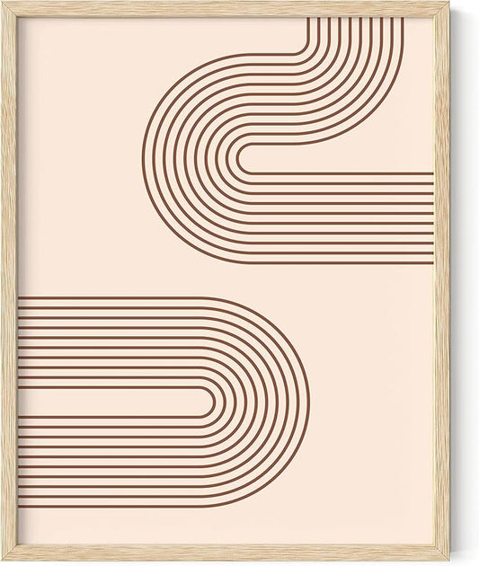 Abstract Double Wavy Arch Wall Art Minimalist S-Shape Lines Earth Tones Terracotta Brown 11x14 Inch Oak Wood Beige Framed Boho Geometric Print for Modern Living Room Decor