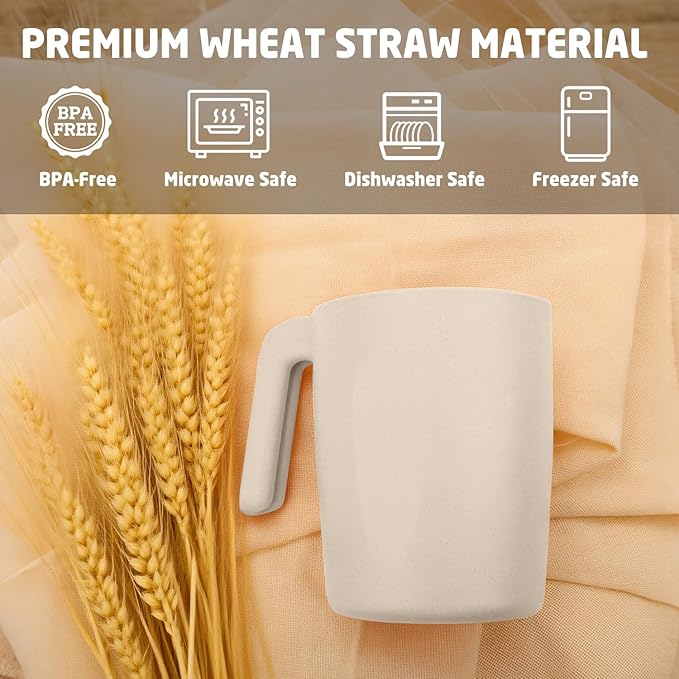 Coffee Mugs Set of 6, Wheat Straw Cups 16 oz, Resuable Plastic Coffee Cups With Handle, Unbreakable & Stackable Kitchen Cup, Microwave safe Drinking Glasses for Tea, Juice and Water - Beige