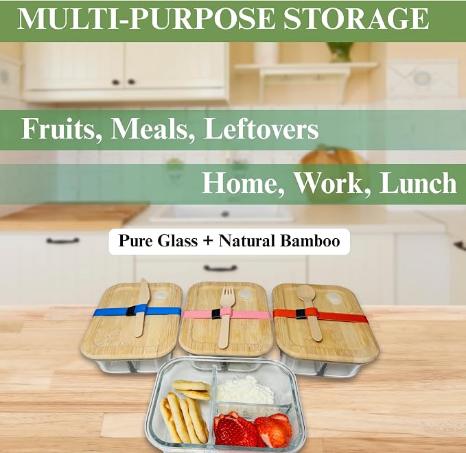 Glass Food Storage Containers with Bamboo Lids, Airtight Containers, Non Toxic Food Storage, Eco Friendly Fridge Storage Containers Includes Elastic Bands and Utensils (4 Count)