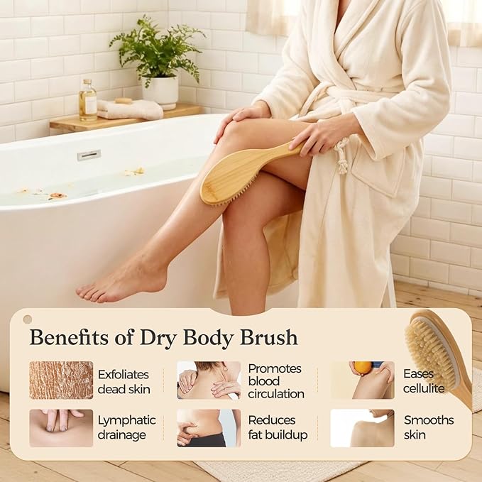 4 Packs Dry Brushing Body Brush Set for Lymphatic Drainage and Cellulite Massager, Long Handle Dry Brush for Body, Natural Boar Bristle Dry Body Brush Exfoliator