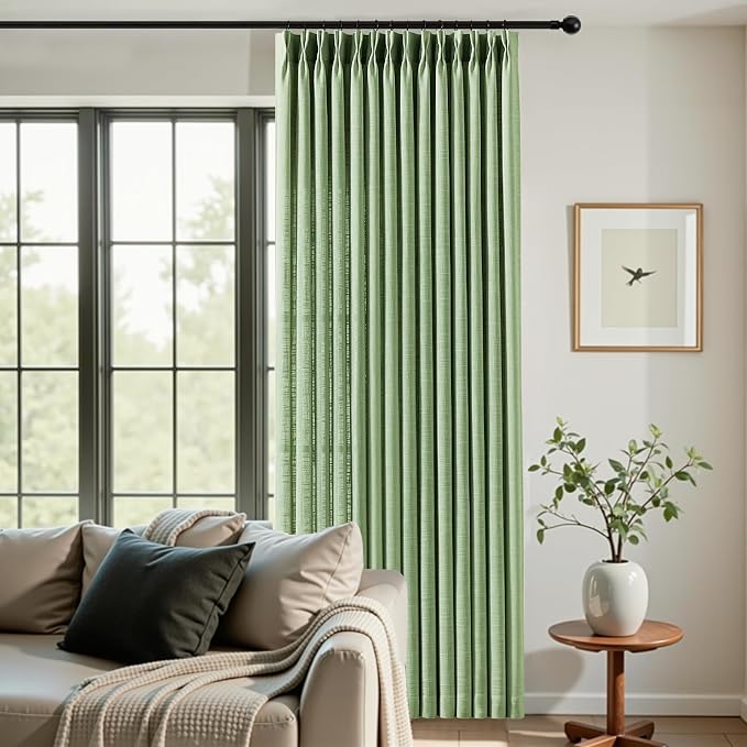 Sage Green Pinch Pleated Curtains 90 Inch Length 2 Panels for Living Room, Light Filtering Semi Sheer Pleated Curtain with Rings Memory Trained Modern Back Tab Drapes for Bedroom Office, 40x90