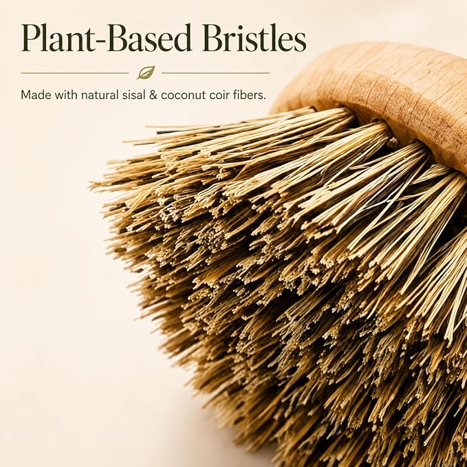 VAL CUCINA Natural Bamboo Dish Brush 2 PCS - Eco-Friendly Wooden Scrub Brush for Dishes, Pots, Pans and Cast Iron Skillet - Plant-Based Sisal & Coconut Bristles Kitchen Sink Scrubber