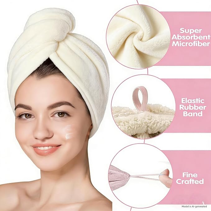 3 Pack Microfiber Hair Towel Wrap for Women, Fast Drying Hair Turban with Button, Anti-Frizz Large Hair Towel for All Hair Styles, Soft & Absorbent Hair Drying Towel
