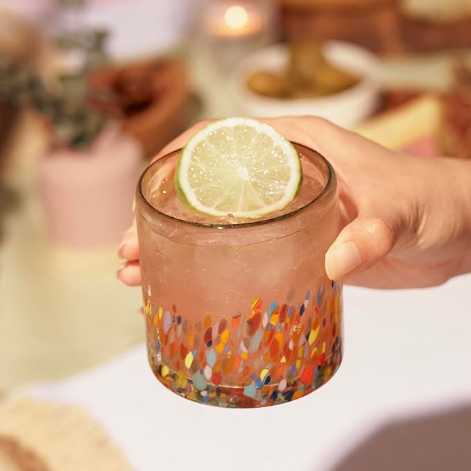 Twine Segunda Vida Artistico 100% Recycled Glassware Tumblers, Hand Blown Cocktail Glasses for Dinner Party, Icon Glasses Gifts, Stemless Margarita Mexican Glassware, Set of 2, 13 oz, Multicolor