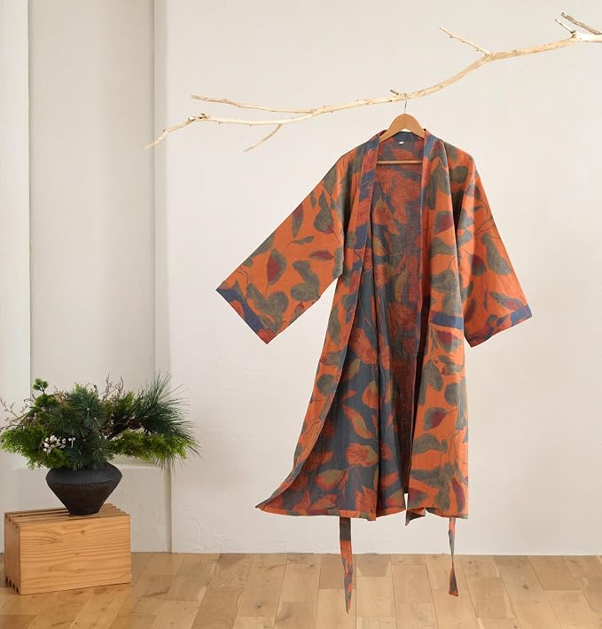 100% Cotton Gauze Ginkgo Leaf Kimono Robe, Long Knit Loose Bathrobe Nightgown Ladies Loungewear Sleepwear for Women