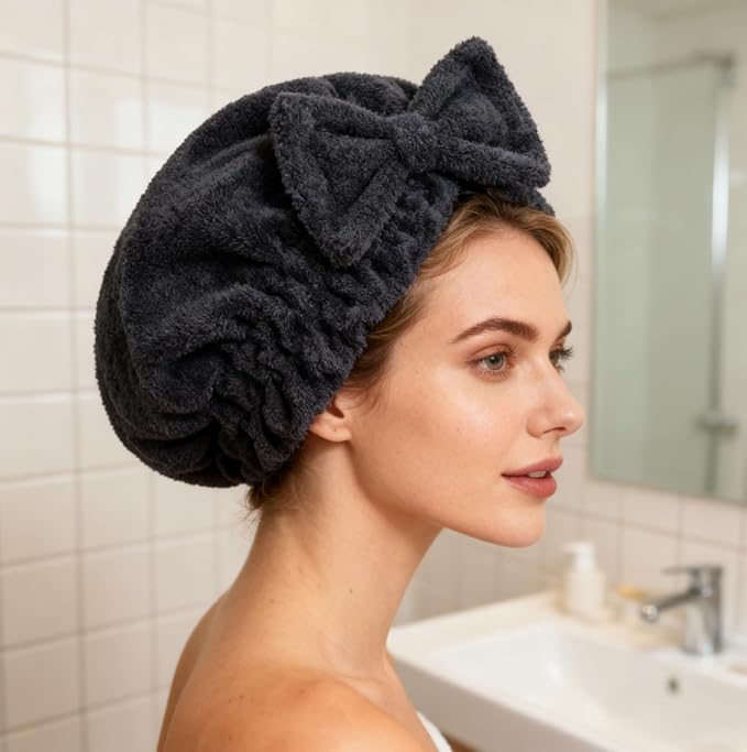 HOPESHINE Microfiber Hair Towel Cap for Women Wet Short or Long Curly Hair Super Absorbent Quick Dry Turbans Anti Frizz Great Gift for Women and Girls (Black+Rose red, 2)