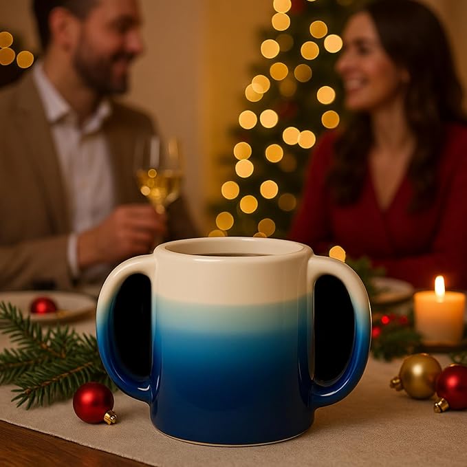 GUTE Handmade Pottery Double Hand Warmer Mug - 14 oz Ceramic Coffee Mug with Contoured Pockets for Both Hands Clay, Dishwasher & Microwave Safe, Comfy Blue - Winter Stocking Stuffer Gift