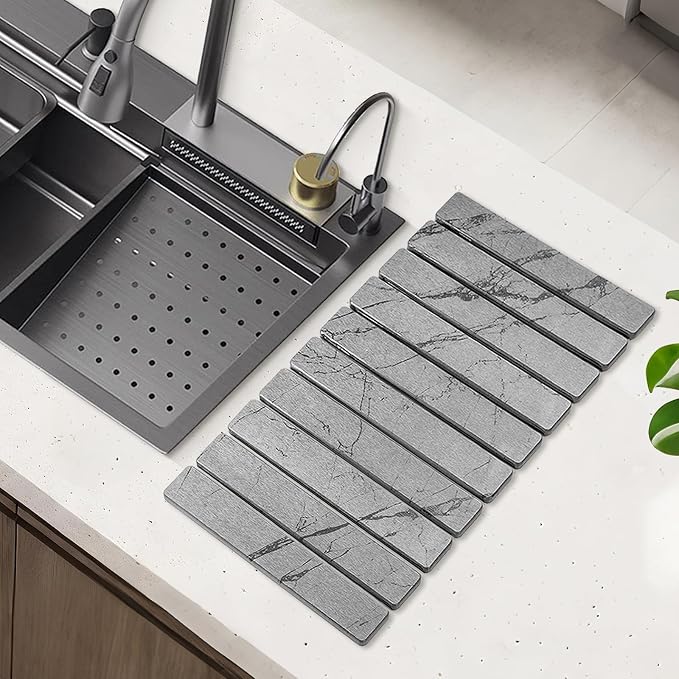 Large Stone Dish Drying Mat for Kitchen Counter ,24×16 inch Marble Diatomaceous Earth Drying Mat ,Foldable Dish Quick Dry Mats ,Multi-purpose Dry Stone Mats for Dishware and Cups