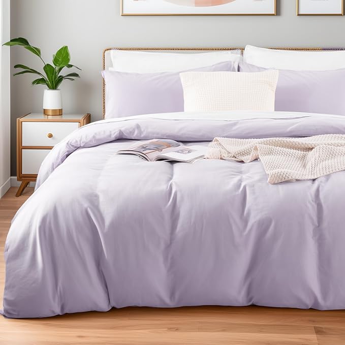 NEXHOME PRO Queen Duvet Cover Set, 100% Washed Cotton with Linen-Like Texture, Natural Organic, Breathable & Comfortable, Includes Home Bedding Set Lilac (No Comforter) 9090