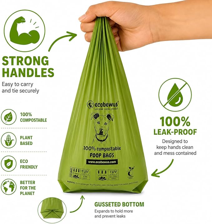 100% Compostable Handle-Tie Doggy Poop Bags (240 Bags) 16 Refill Rolls Plant-Based Cornstarch ASTM D6400 & EN 13432 Compliant HOME Certiified Compostabel Pet Dog Waste Bags (240 ct.)