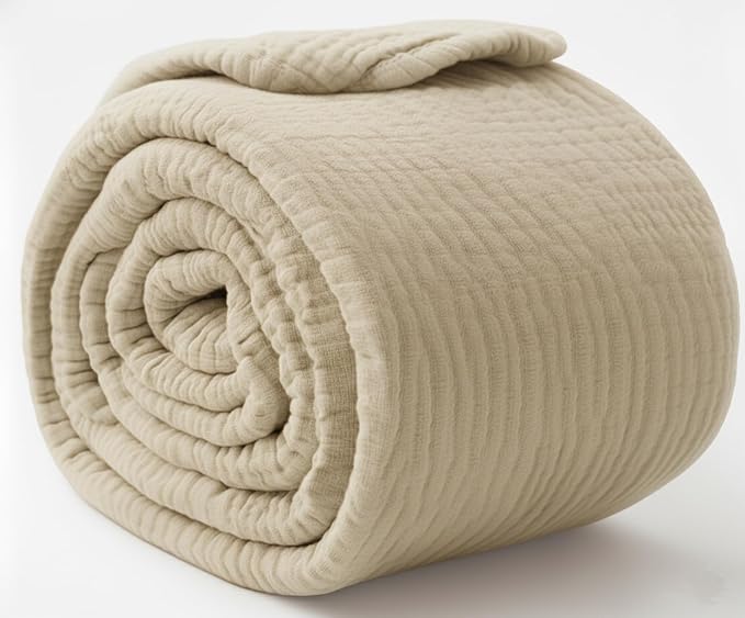 KyraHome 100% Organic Cotton Throw Blankets for Adults, Couch 50"x60", Muslin Blanket, Pre-Washed Plant-Dyed, Breathable Lightweight Summer Throw Blanket, All Season (Oatmeal Khaki Tan)