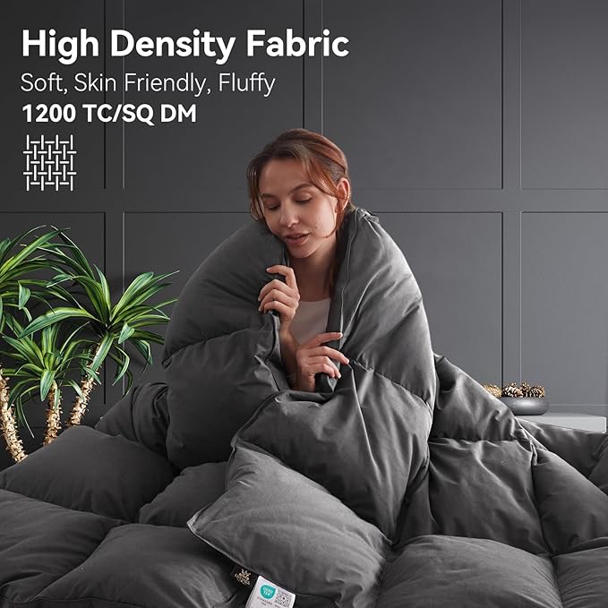 L LOVSOUL Goose Feather Down Fiber Comforter Queen Size, 100% Organic Cotton Fabric Duvet Insert,1200TC,750+FP, Hotel Collection, Heavyweight Grey Bedding Comforters with 8 Tabs,83oz