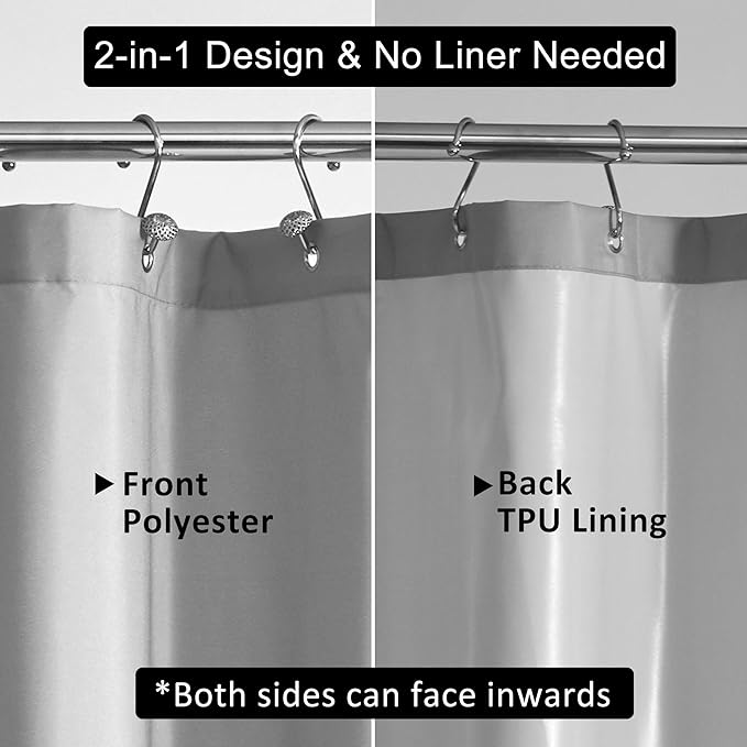 Ultimate Waterproof Fabric Shower Curtain or Liner, TPU Lining & Machine Washable, Use for Bath Tub/Stall in Home and Hotel, Gray, 72"x72"