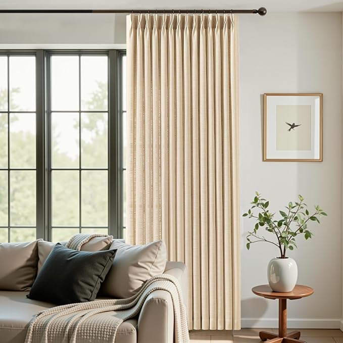 IVAPUPU Sand Beige Pinch Pleated Curtains 102 Inch Long for Living Room, Extra Wide Semi Sheer Drapes Back Tab Hooks Rings Light Filtering Privacy Modern Linen Curtain for Bedroom, 1 Panel, W60xL102
