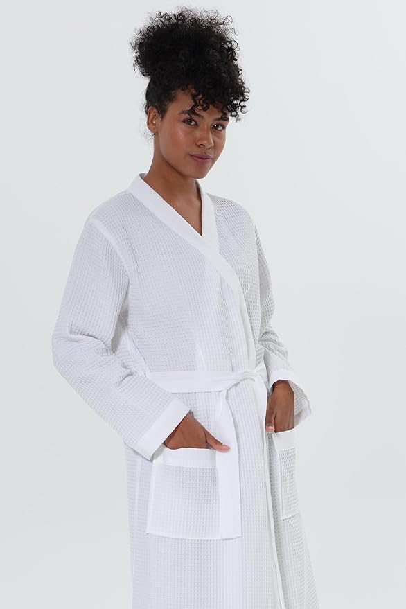 SEYANTE Women's Organic Cotton Waffle Kimono, Hooded Robe – GOTS Certified Lightweight Full-Length Spa Bathrobe with Piping