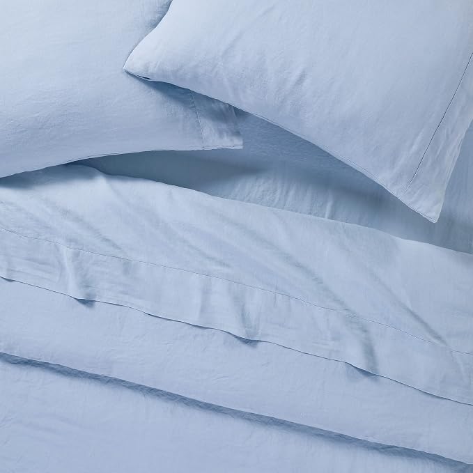 Sijo Stone Washed Organic French Linen Bed Sheet Set, GOTS Certified Organic, Best Cooling Linen Sheet Award by Sleep Foundation, 1 Flat Sheet Only (Sky, King/Cal King)