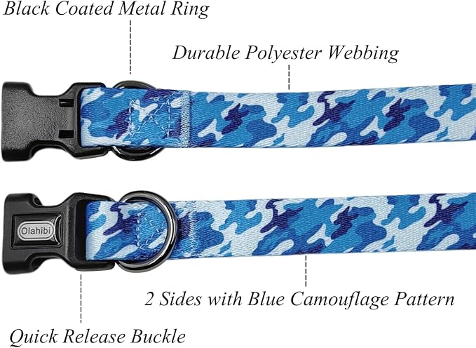 Dog Collar Leash Set, Camouflage Pattern, Polyester Material, Adjustable Collar and 5ft Matching Leash, for Small Dogs.(S, Blue Camo)