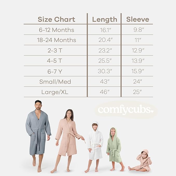 Comfy Cubs 100% Cotton Muslin Bathrobe - 4-Layer Absorbent Robe with Pockets & Belt for Bath, Spa, or Lounging
