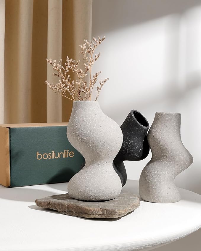 BosilunLife Decorative Vase Set of 3, Nested Curved Recycled Ceramic, Speckled Wabi-Sabi Home Decor, Modern Boho Centerpiece for Living Room Mantel & Office (Black & Grey)