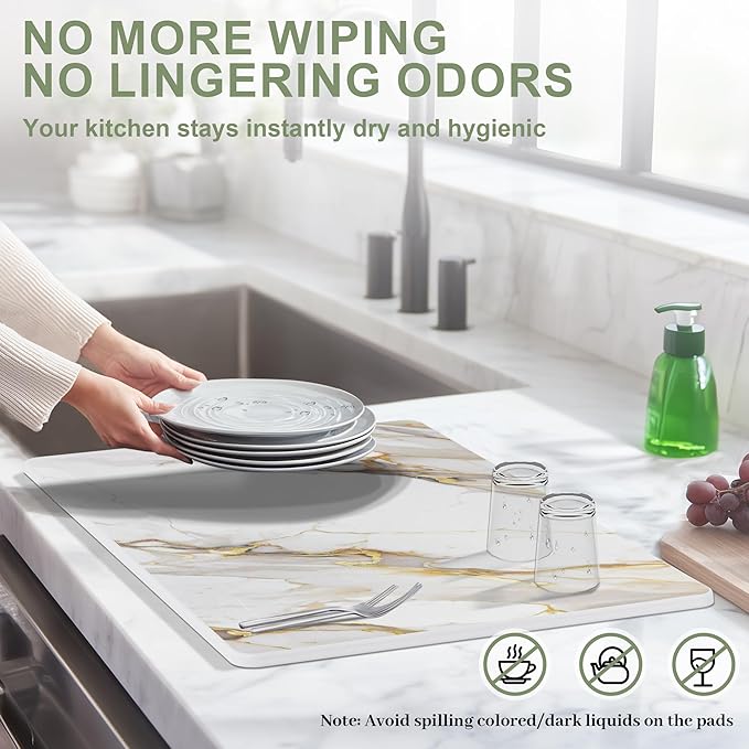 Large Stone Drying Mat for Kitchen Counter, 24" × 16" Diatomite Dish Drying Mat, Quick Dry Stone Mats, Ultra Absorbent Natural Diatomaceous Earth Mats for Dished, Bottles, White Marble