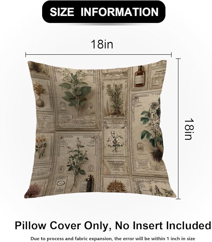 Shrahala Mythical Plants Specimen Labels Linen Couch Cover, Victorian Herbarium with Earth Tones Square Throw Pillows Blended Double-Sided No Inserts for Bedroom Living Room Set of 2 (18 x 18 in)