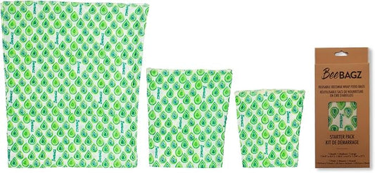 BeeBAGZ - Beeswax Wrap Storage Bag, Reusable Food Storage Bags, Pack of 3, Plastic Free Biodegradable Food Wrap Alternative, Starter Pack, 1 Small + 1 Medium + 1 Large, (Green)