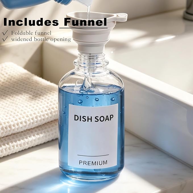 12oz Dish Soap Dispenser for Kitchen, Hand Glass Soap Dispenser Set with Pump, Tray, Funnel for Bathroom, Shower, Laundry, Liquid, Lotion (Silver 2 Pack Clear Bottles with 12 Stickers)