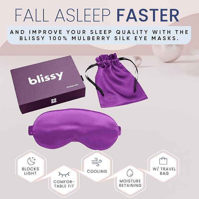 Blissy Silk Sleep Mask - Eye Sleeping Mask for Women & Men for Total Blackout - 100% Pure Mulberry Silk, 22 Momme 6a Fibers - Blindfold Sleep Mask Side Sleeper Eye Cover (Royal Purple)