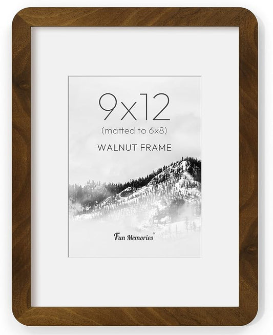 Fun Memories 9x12 Picture Frame - Solid Walnut Wood Frame with Real Glass, 9x12 Wooden Frame with Mat for 6x8, Perfect for Horizontal or Vertical Hanging by Wall, Natural Walnut