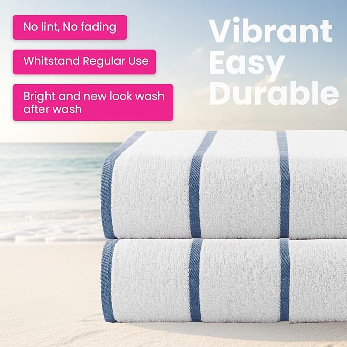 CASA COPENHAGEN Cabana Pool 4Pcs 100% Egyptian Cotton Large Designer Beach Towels Gift Set- White Navy, 500GSM, 55"x27", 4 Beach Bath Towels (Box Pack, Set for Women & Men)