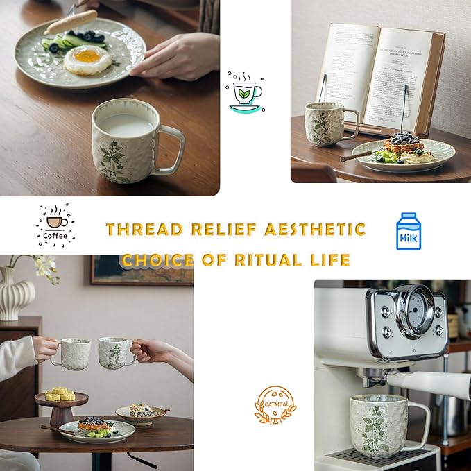 Ceramic Mugs for Men & Women, Unique Microwave & Dishwasher Safe Tea/Coffee Rustic Stoneware Cups for Office & Home (Green Leaf)