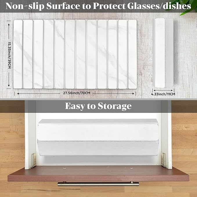 2 PCS Extra Large Stone Dish Drying Mats for Kitchen Counter, 28"(L)×16"(W) Dish Drying Mat with 8"x 4" Coasters, Eco-Friendly Diatomite Dish Drying Mat - Fits All Countertops - White Marble